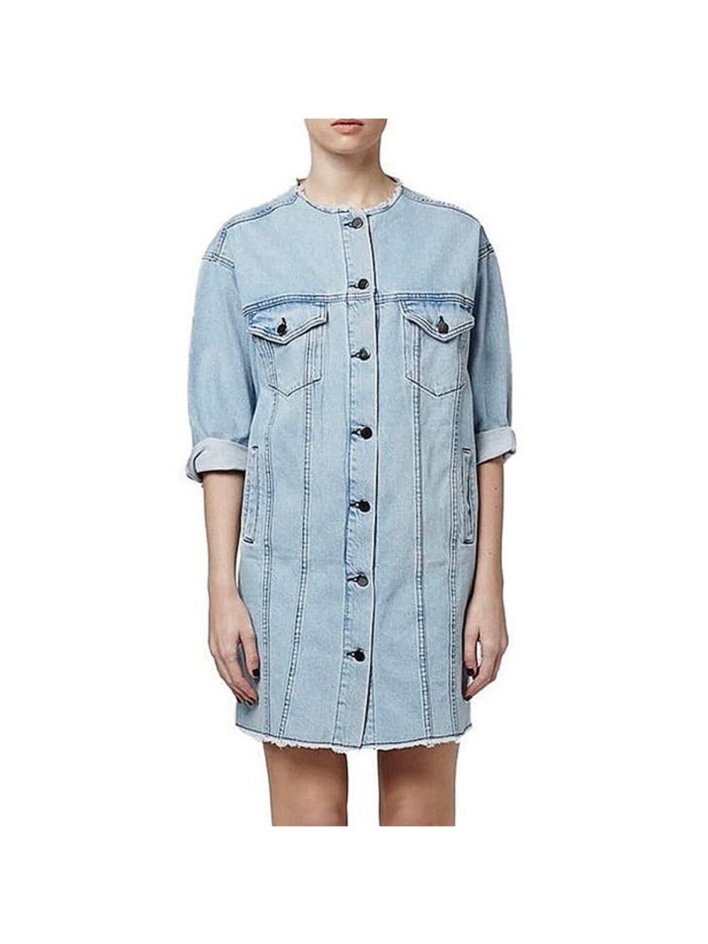 Topshop Blue Denim Long Sleeve Distressed Raw Hem Button Front Shirt Dress Sz 4